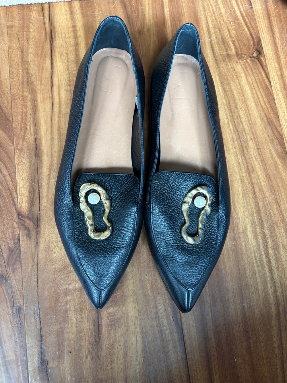 Flattered Black Pointed Leather Flats with Gold-Tone Ornament